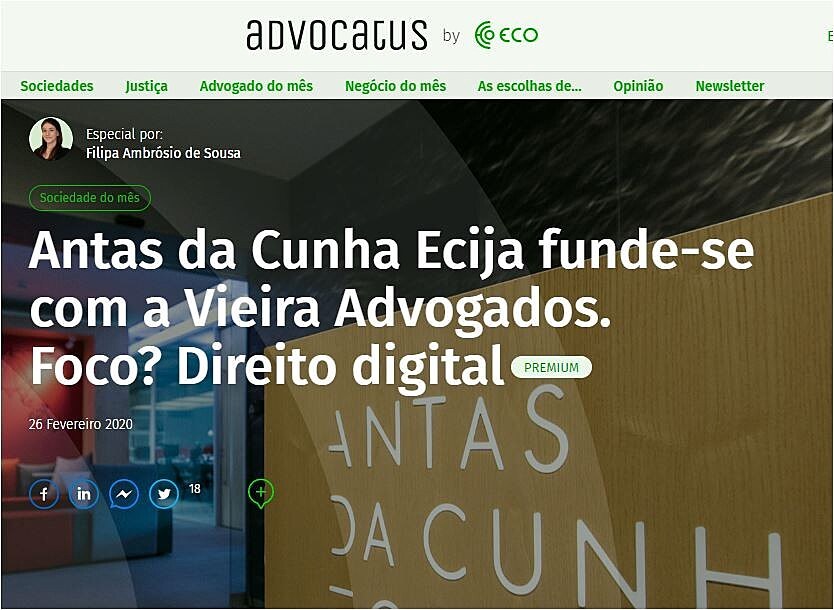 Antas da Cunha Ecija funde-se com a Vieira Advogados. Foco? Direito digital